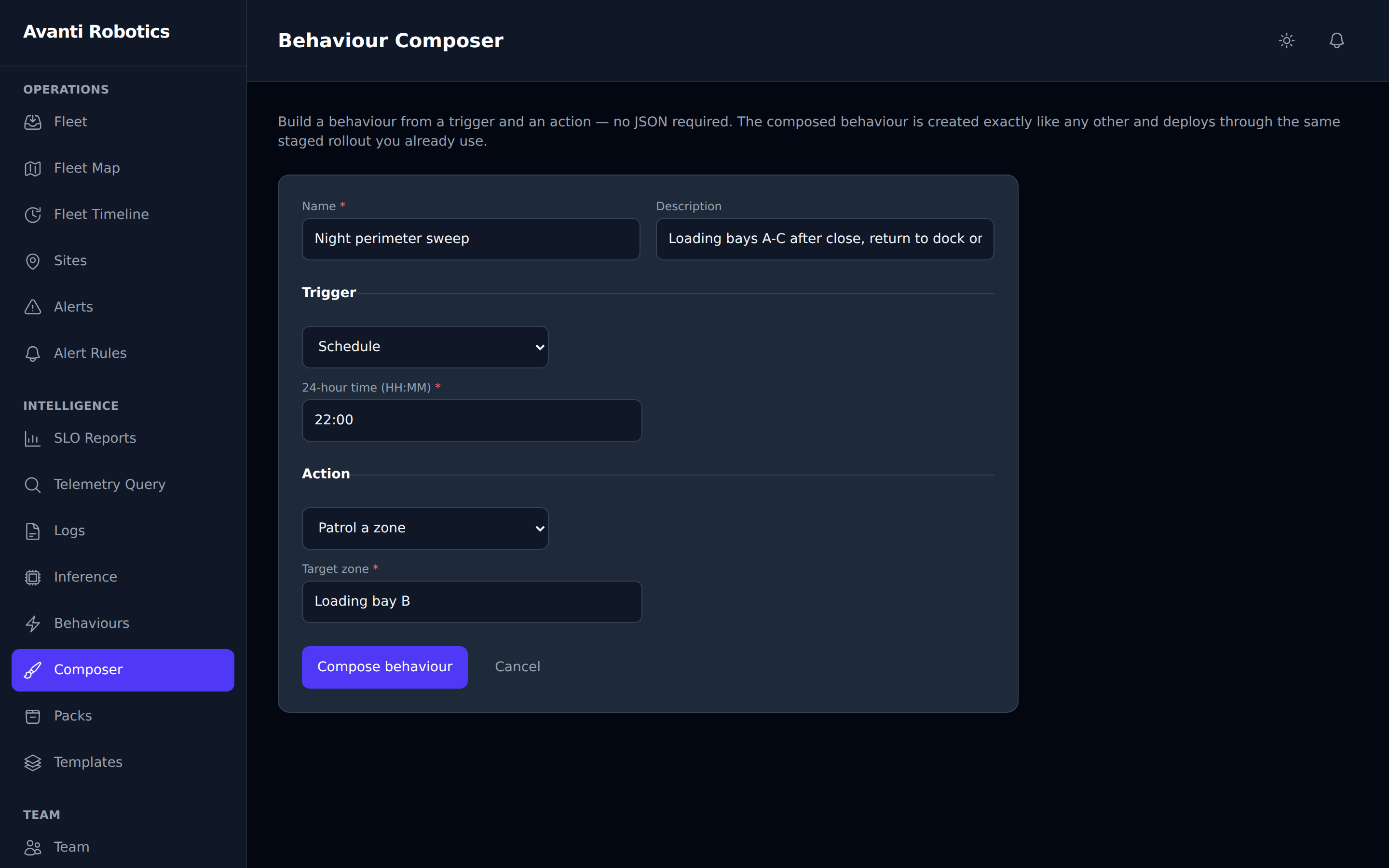 The Avanti fleet platform's behaviour composer, dark theme, with one behaviour filled in: it is named Night perimeter sweep, its trigger is a schedule at 22:00, its action is to patrol a zone, and its target is a loading bay. The form is not submitted.